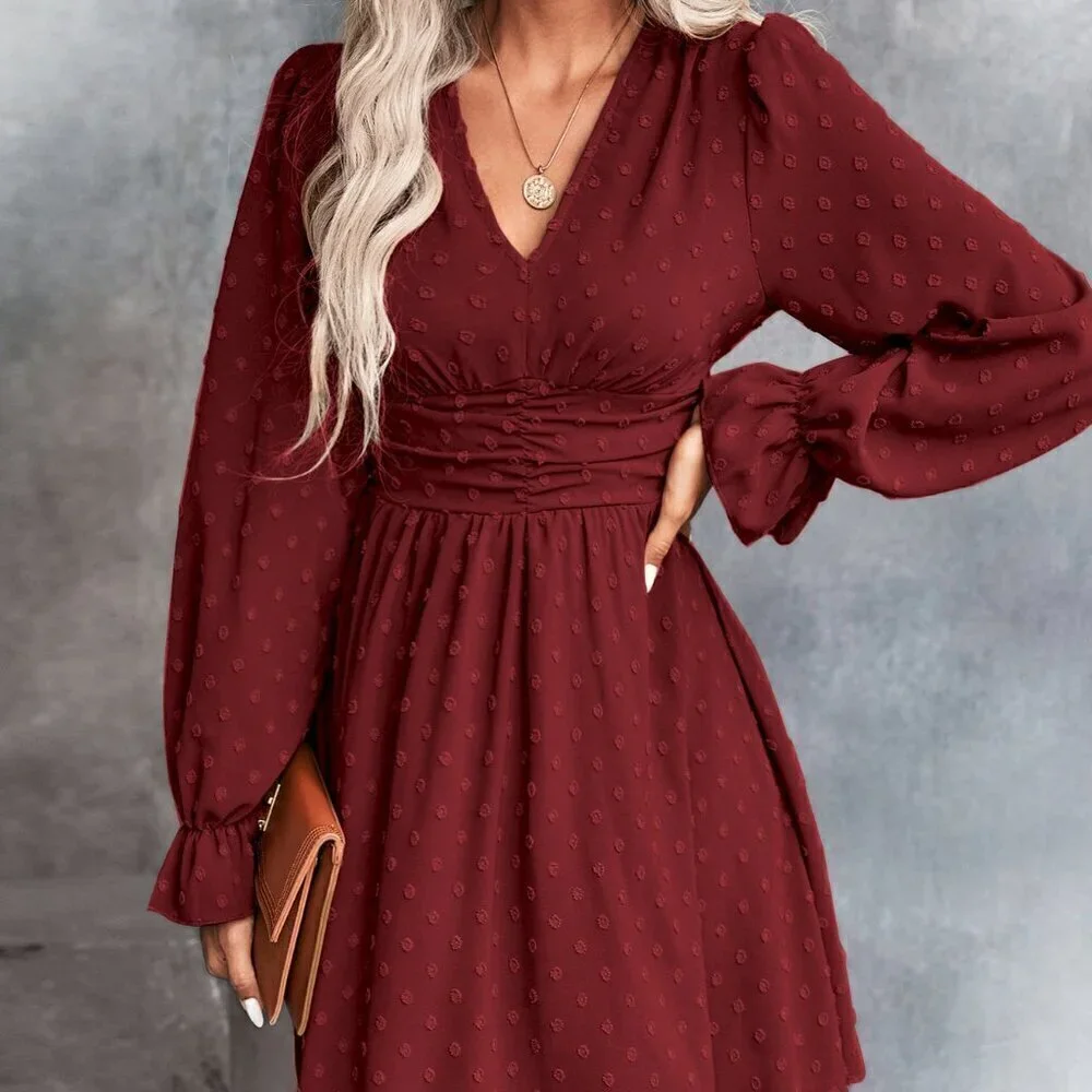 burgundy Boho Women's Swiss Dot Ruched Waist Flounce Sleeve Dress